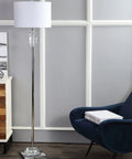 63 Inch Clear Chrome Faceted Crystal Iron LED Floor Lamp With White Linen Drum Shade For Living Room next to blue chair