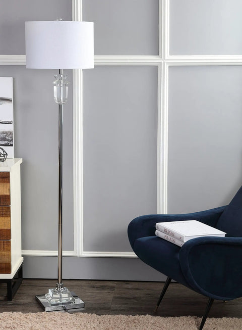 63 Inch Clear Chrome Faceted Crystal Iron LED Floor Lamp With White Linen Drum Shade For Living Room next to blue chair
