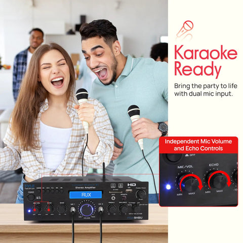 Couple singing with microphones using Wireless Bluetooth All In One Home Stereo Amplifier With 200 Watt Multi Channel Power And Turntable Ready Phono Preamp For Direct Turntable Connection Plus HDMI Optical Coaxial USB SD AUX RCA Mic In FM Radio And Remote, close-up of device with controls.
