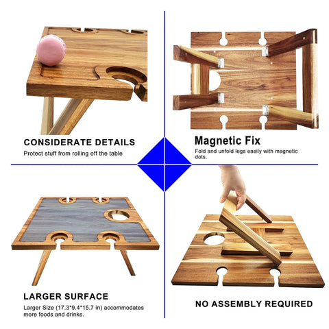 Portable Wine Picnic Table in Acacia Wood With Larger Foldable Tray Charcuterie Board Surface For Camping Glamping Concerts
