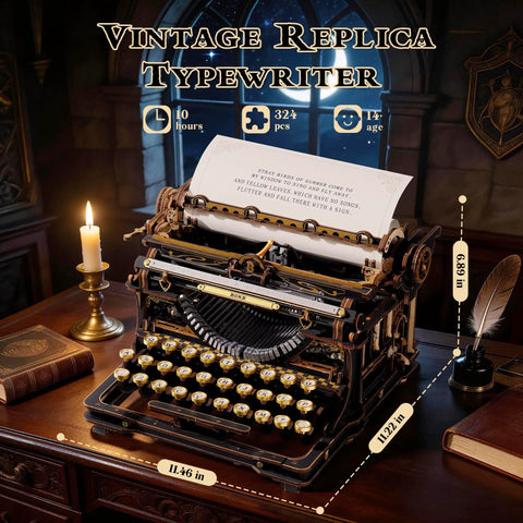 Typewriter 3D Wooden Puzzle Kit For Adults Mechanical Model Build No Batteries Gears Spin Typebars Swinging Knobs See Inside Vintage Black Style Desk Display Gift That Slaps, 11.46 in