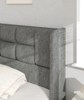 Game Changing King Bed Frame With Hydraulic Gas Lift Storage Super Roomy Linen Upholstered Base close-up of tufted grey headboard.