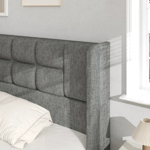 Game Changing King Bed Frame With Hydraulic Gas Lift Storage Super Roomy Linen Upholstered Base close-up of tufted grey headboard.