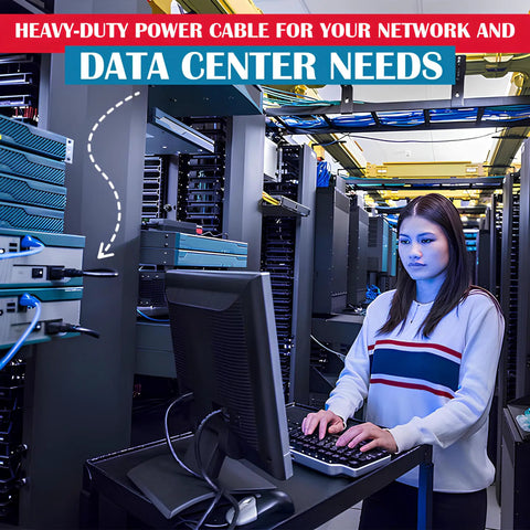 Beefy 15ft Heavy Duty AC Power Cord 14AWG NEMA 5-15P To C13 For PCs And Electronics, Built Tough For Secure Power Connection, Durable Cable With High Current Safety, Multi-Device Compatibility. Data center technician at workstation