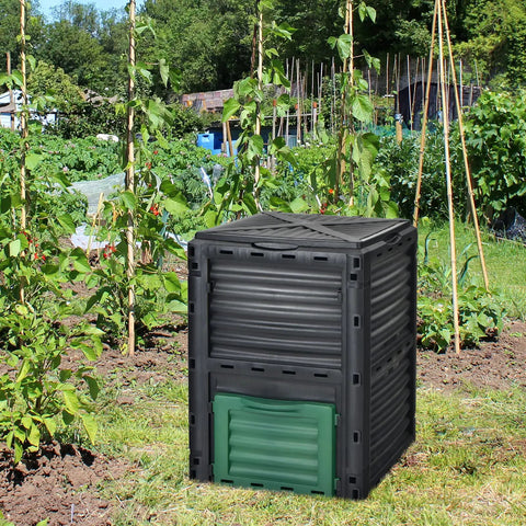 Outdoor Garden Compost Bin 80 Gallon 300L BPA Free Plastic in garden setting with lid and green access door