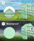 Walk-In Greenhouse With 57x61x80 Inch Footprint, 3 Tiers And 10 Shelves, Roll-Up Door And Observation Windows showcasing UV protection and waterproof features in outdoor setting