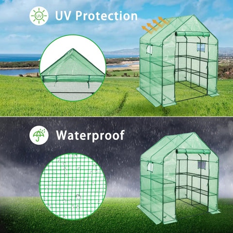 Walk-In Greenhouse With 57x61x80 Inch Footprint, 3 Tiers And 10 Shelves, Roll-Up Door And Observation Windows showcasing UV protection and waterproof features in outdoor setting