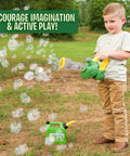 Child playing with Bubble Leaf Blower Toy For Kids With 24oz Bubble Refill, Battery Operated Outdoor Bubble Machine in yard
