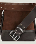 6 Pocket Oil Tanned Leather Tool Belt For 29 To 46 Inch Waists, shown with metal rivets and wide buckle, heavy duty design