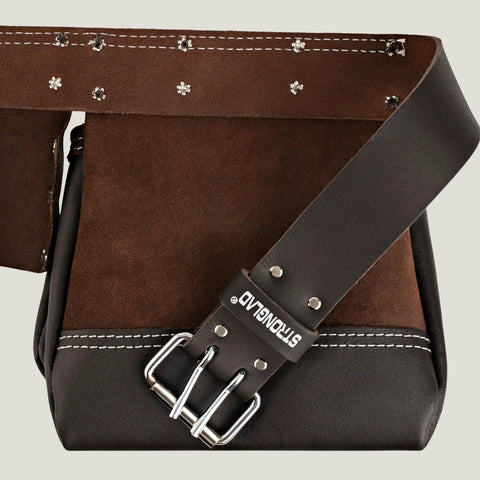 6 Pocket Oil Tanned Leather Tool Belt For 29 To 46 Inch Waists, shown with metal rivets and wide buckle, heavy duty design