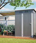 5x3 Ft Outdoor Storage Shed And Gazebo Combo With Lean To Metal Frame All Weather 2 In 1 Garden Shed And Gazebo Open Pergola Sloping Roof Lockable Door For Backyard Patio Lawn Gray in a garden setting with trees and wooden deck.