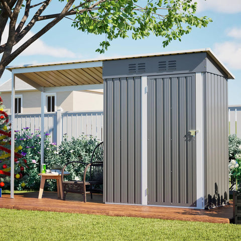 5x3 Ft Outdoor Storage Shed And Gazebo Combo With Lean To Metal Frame All Weather 2 In 1 Garden Shed And Gazebo Open Pergola Sloping Roof Lockable Door For Backyard Patio Lawn Gray in a garden setting with trees and wooden deck.