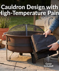 Person placing cover on Cauldron Wood Burning Outdoor Fire Pit For Patio And Backyard Hangouts Round Steel Fire Bowl