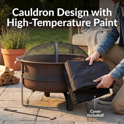 Person placing cover on Cauldron Wood Burning Outdoor Fire Pit For Patio And Backyard Hangouts Round Steel Fire Bowl