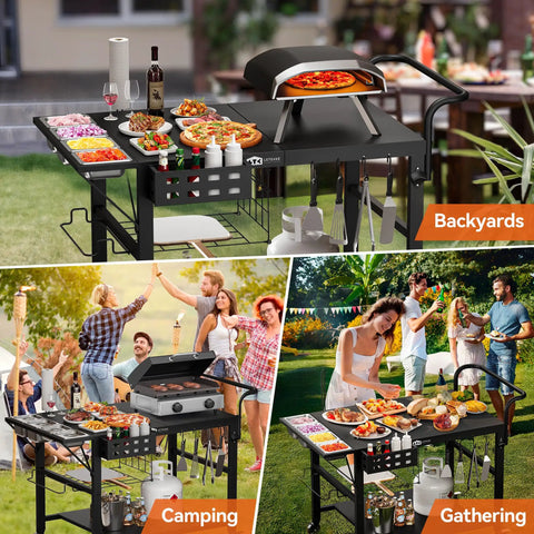Universal Pizza Oven Table And Grill Cart For Outdoor Kitchens All In One Setup with pizza, food, and drinks displayed outdoors
