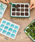 12 Pack Reusable Seed Starter Trays With 144 Flexible Pop Out Cells in use, showing seed starting and transplanting process.
