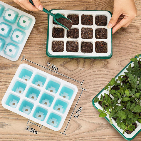 12 Pack Reusable Seed Starter Trays With 144 Flexible Pop Out Cells in use, showing seed starting and transplanting process.