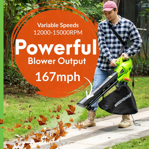 Man using 3 In 1 Leaf Blower Vacuum Mulcher For Quick Yard Cleanup With 10 Amp Electric Motor And 10 Gallon Collection Bag