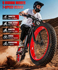 Electric Mountain Bike For Adults 1500W Peak Motor 26 Inch Fat Tire E Bike with rider showing 5 riding modes on sandy trail
