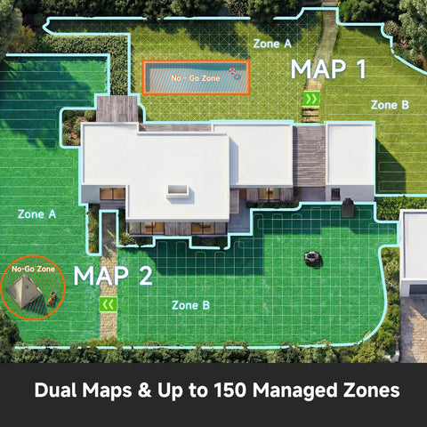 Top view of lawn layout with zones for All Terrain Wire Free Robot Lawn Mower with AWD Power 360 Degree LiDAR and AI Dual Vision.