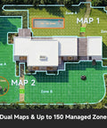 Overhead view of a yard layout with zones marked for All Terrain Wire Free Robot Lawn Mower With AWD Climb 360 Degree LiDAR And AI Dual Vision For 0.25 Acre Yards No Hassle 80 Percent Slopes And 45 Minute Fast Charge For Busy Homeowners, showing dual maps and no-go zones.