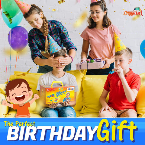 Birthday party scene with kids holding a 7 In 1 Mechanical Building Kit For Kids Aged 7 To 12, 171 Piece Construction Set With Bonus Model And 25 Spare Parts, Build 7 Cars And More For Hands On Engineering Fun, The Ultimate Birthday Gift.