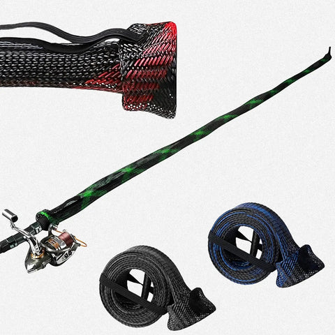 Fishing Rod Sleeve 4 Pack For Poles Rod Socks And Covers Durable Protector Sleeves To Shield Your Gear Fits Most Standard Sized Rods In Red Blue Black And Green Easy Slip On with rod close-up.
