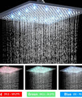 Matte Black All-In-One Shower System With 12-Inch LED Square Rain Shower Head And Handheld Spray, water flow in red, green, blue LEDs
