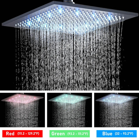 Matte Black All-In-One Shower System With 12-Inch LED Square Rain Shower Head And Handheld Spray, water flow in red, green, blue LEDs