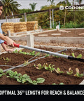 Person using Extended Reach Hoe And Cultivator All In One Garden Tool For Weed Busting And Soil Loosening with long ergonomic handle.