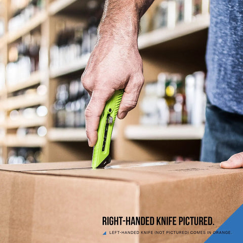 Right-handed use of Heavy Duty Box Cutter Utility Knife With Tape Splitter And Film Cutter, 3-Position Retractable Blade.