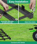 Close-up of Beefy Heavy Duty 4 Ft Driveway Grader Power Rake with 4 Ft Chain installation process for ATV, UTV, tractor, and mower.