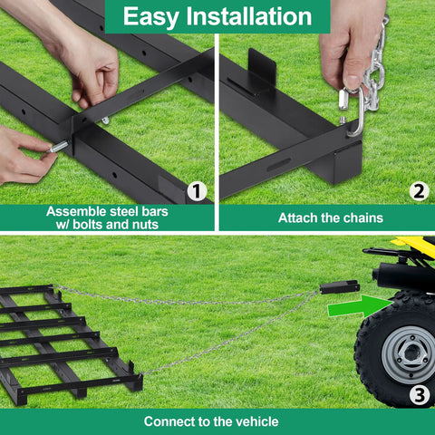 Close-up of Beefy Heavy Duty 4 Ft Driveway Grader Power Rake with 4 Ft Chain installation process for ATV, UTV, tractor, and mower.