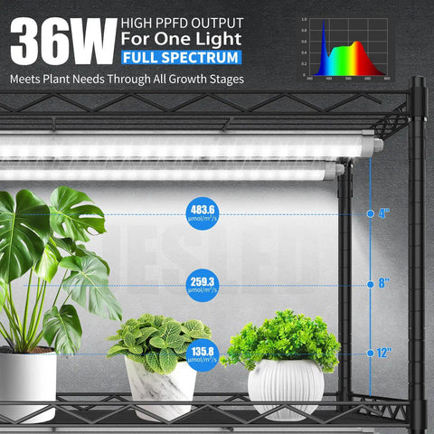 Indoor Greenhouse With Full Spectrum 5000K LED Grow Light showing performance graph and plants beneath the light.