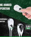 One Quarter Inch Drive Ratchet Handle With Pear Head For Tight Spots, one-handed operation with reversible switch shown in hand