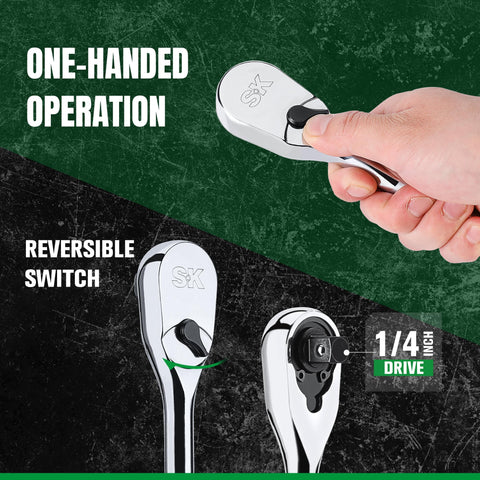 One Quarter Inch Drive Ratchet Handle With Pear Head For Tight Spots, one-handed operation with reversible switch shown in hand