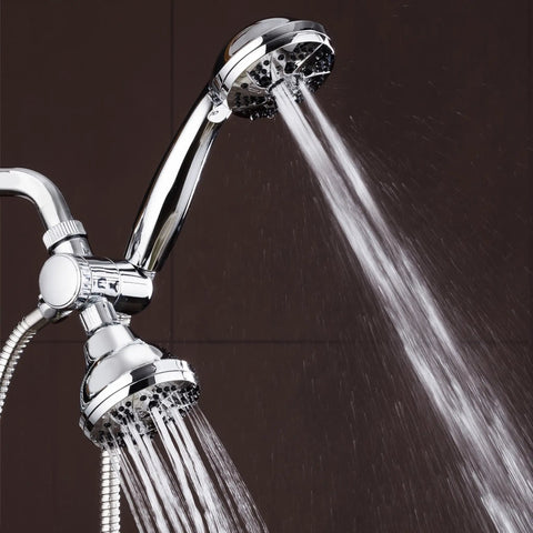Total Chrome High Pressure Three Way Shower Head And Handheld Combo With Rain Setting, dual shower heads spraying water