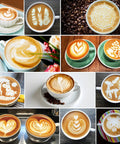 Selection of latte art designs created with 12 Oz Espresso Steaming Pitcher Pro Grade Stainless Steel Milk Frothing Cup For Home Barista Use, 350 Ml, Rust Resistant 304 Stainless, Easy Clean, Creates Smooth Velvety Microfoam For Lattes And Cappuccinos.