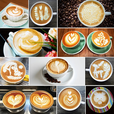 Selection of latte art designs created with 12 Oz Espresso Steaming Pitcher Pro Grade Stainless Steel Milk Frothing Cup For Home Barista Use, 350 Ml, Rust Resistant 304 Stainless, Easy Clean, Creates Smooth Velvety Microfoam For Lattes And Cappuccinos.