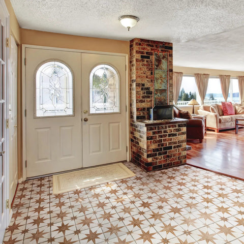 Living area with Kings Star Oxide Ceramic Tile Seventeen And Five Eighths Inch Square For Floor And Wall, glazed textured low sheen.