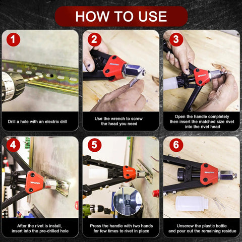 How to use Knuckle-Saving 13 Inch Pop Rivet Gun With 150 Pcs Fasteners during metal projects, showing steps for application.