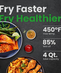 Compact Four Quart Air Fryer With Digital Touchscreen And Four Smart Presets produces crispy chicken and salmon meals.
