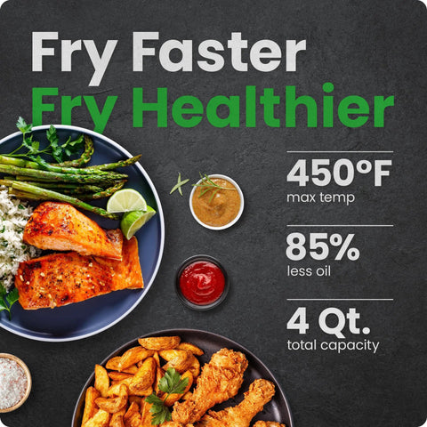 Compact Four Quart Air Fryer With Digital Touchscreen And Four Smart Presets produces crispy chicken and salmon meals.