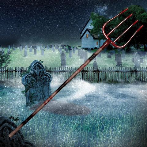 Adjustable Halloween Pitch Fork Prop Accessory For Cosplay And Theatrical Use, red plastic fork in haunted graveyard scene