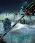 Adjustable Halloween Pitch Fork Prop Accessory For Cosplay And Theatrical Use, red plastic farm style fork in graveyard scene