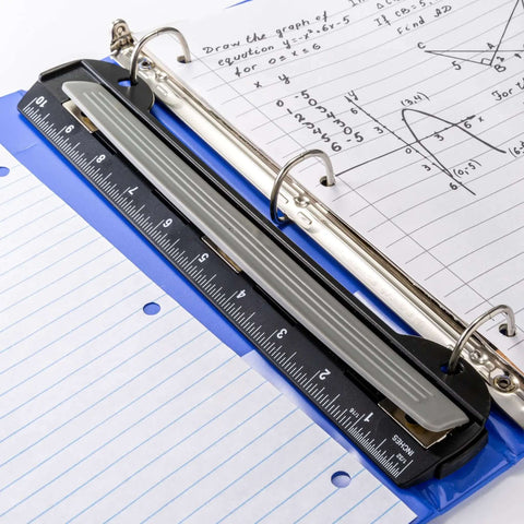 On The Go 3 Hole Binder Punch For Ring Binders attached to binder, ultra compact, punches up to five sheets, black, easy grip, for students and pros