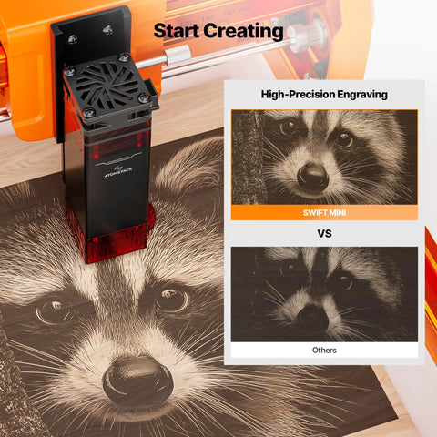 Desktop 3.5W Laser Engraver And Cutter Machine Featuring Plug And Play Design engraving a raccoon image on wood.