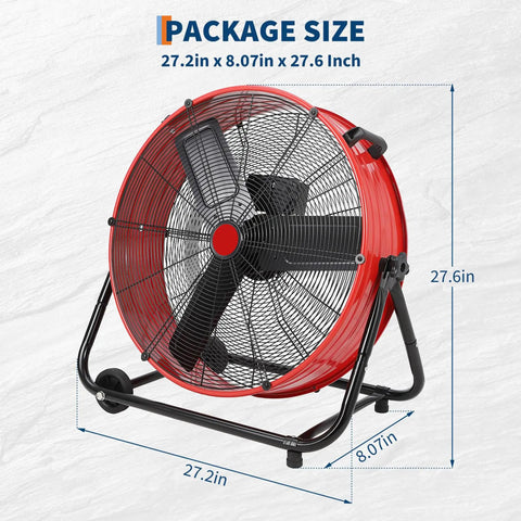 Heavy Duty 24 Inch Industrial Floor Fan With High Velocity Airflow, 3 Speed Settings, durable metal blades, red design shown