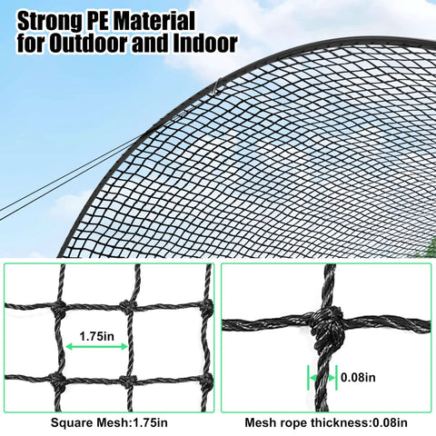 Close-up of netting material for 2025 Upgraded Backyard Baseball Batting Cage With Frame And Net 20 Ft By 12 Ft By 8 Ft Easy Setup Outdoor Training Gear Durable PE Netting For Home Practice And Team Drills showing 1.75-inch square mesh and 0.08-inch mesh rope thickness.