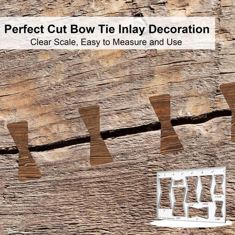 Wood surface with bowtie inlays and Eight In One Router Template Kit For Woodworking With Bowtie And Butterfly Inlay Jigs in acrylic.
